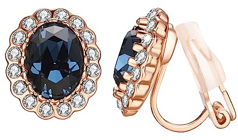 Vogem Artificial Sapphire Clip On Earrings for Women Non Pierced Deep Blue Stones Clip Earring Ladies 9ct Rose Gold Plated Vintage Jewellery