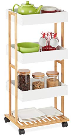 Relaxdays Servierwagen, Bambus & MDF, Küchenwagen mit 4 Etagen, Rollwagen, Küche & Bad, HBT: 88 x 40 x 30 cm, Natur/weiß