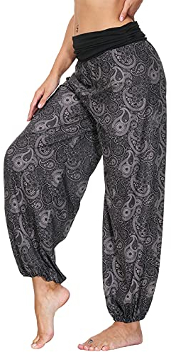 Nuofengkudu Baggy Hippy byxor för kvinnor, bohemiska, mönstrade yogabyxor, Svart E, L