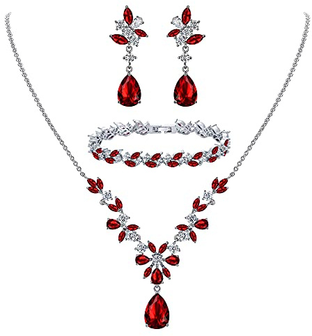 Clearine Hochzeit Zirkonia Schmuckset für Braut Brautjungfern Kristall Tropfen Anhänger Halskette, Tennis Armband und Kronleuchter Blatt Baumeln Ohrringe für Damen Rubin-Rot Silber-Ton