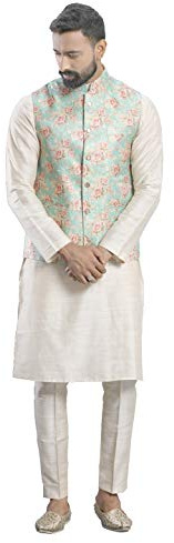 STYLE INSTANT Pijama kurta de algodón indio para hombre y chaqueta Nehru estampada (chaleco) conjunto étnico de boda india Diwali Puja, crema, XL