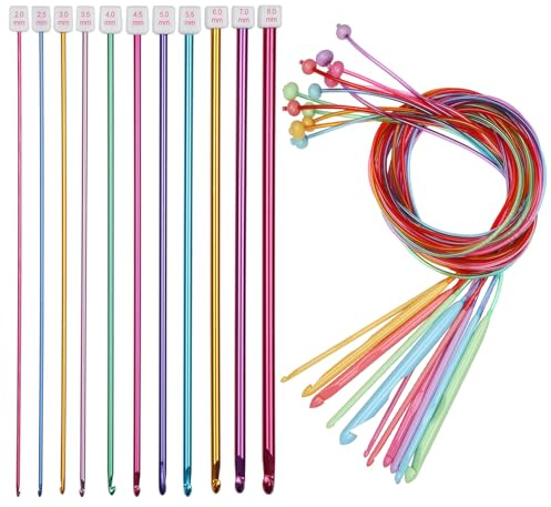Coopay Juego de Agujas de Ganchillo Tunecinas, 12 piezas de Coloridas , Agujas de Ganchillo Afganas con Cuerda y 11 piezas de Agujas de Tejer Tunecinas de Aluminio para Principiantes