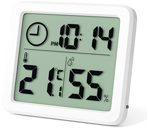 Newaner mini Termometro Digitale Ambiente Interno, Igrometro Professionale Portatile a Grande Schermo con Orologio, Bianco Preciso Termoigrometro, Misuratore Umiditàper Casa, cameretta, Ufficio, Serra