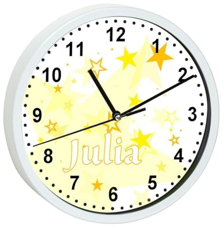 CreaDesign, Wanduhr Kinder personalisiert mit Name, Motiv Sterne gelb, Rahmen Wanduhr weiß, Ø 19,5 cm