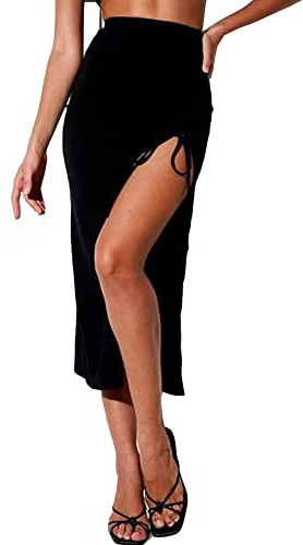 TEERFU Women's Bodycon Midi Slit Skirt Summer Boho Split Thigh Twist Front Elastic Pencil Ruched Black
