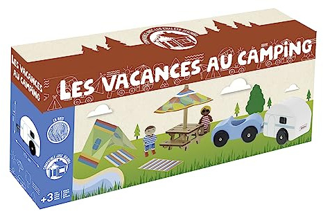 Jeujura - Vacances au Camping - Jeu de Construction dès 3 Ans - 8275 | Accessoires jeux de construction camping - Personnages, voiture + caravane et accessoires - Jeu enfant - Fabriqué en France