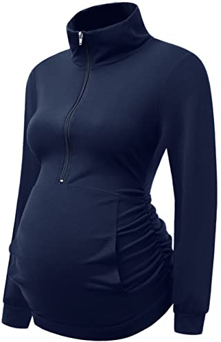 DEBELLY Maternity Lapel Sweatshirts Long Sleeve Pregnancy Pullover Side Ruched Women Zip-up Tops Basic Mama Tee Shirt with Pocket,Navy,M