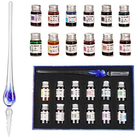 AOKUY Juego de bolígrafos de cristal para caligrafía, 12 tintas coloridas, juegos de caligrafía para arte, escritura, firma, decoración, regalo