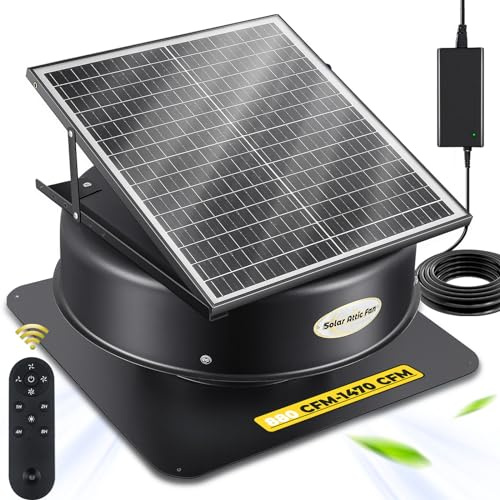 Moonshan Hybrid Solar Attic Fan with Remote Control, 40 Watt Solar Powered Roof Vent Fan, 880-1470 CFM Exhaust Fan