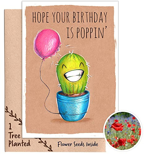 1 Tree Cards Eco Friendly Cactus Birthday Card with Tree Planting Gift & Plantable Seed Card that Grows Flowers | Recycled & Plastic Free Funny Cacti Card (Poppin Birthday)