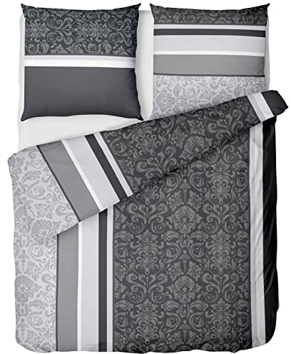 LINKHOFF Biber Bettwäsche 135x200 Baumwolle 2tlg - Bettwäsche-Set in Grau Anthrazit Paisley Muster - Flauschige Winter-Bettwäsche - 1x Bettbezug + 1x Kissenbezug 80x80
