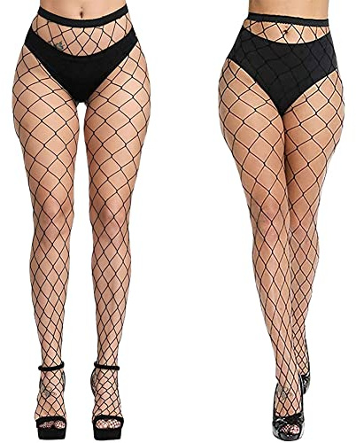Aomig Calze a Rete Nero, 2 Pezzi Collant a Rete da Donna Alta Calze Collant, Calze Rete Elastiche Sexy per Adulto, Vita Alta (Grande rete)