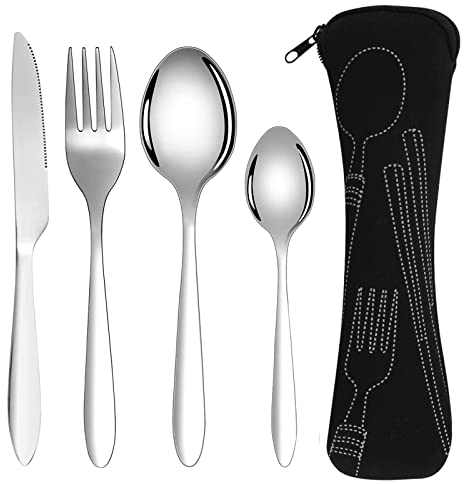 iJiGui 4 Pieces Stainless Steel Cutlery Camping Utensil Set, Cutlery Set with Portable Case, Reusable Cutlery Set Knife Fork Spoon, for Travel Camping