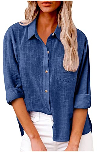 TIMEMEAN Tops Femme,Chemises à Boutons pour Femmes Chemisiers Boyfriend Surdimensionnés à Manches Longues Roulées Et Col en V Tops De Bureau De Couleur Unie