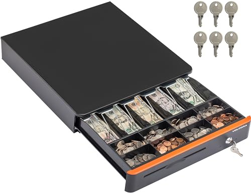 Volcora Cash Register Drawer for Point of Sale POS System with Round Corners 16, Removable Coin Tray, 5 Bill 8 Coin, 12-24V RJ11/12 Key-Lock Media Slot, Money Drawer for Business, Orange Bar/Black