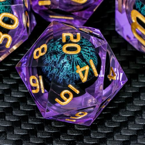 ARUOHHA Dragon Eye DND - Juego de dados de resina verde púrpura con bordes afilados, juego de rol RPG, núcleo líquido poliédrico D y D, juego de dados D20 D12 D10 D8 D6 D4