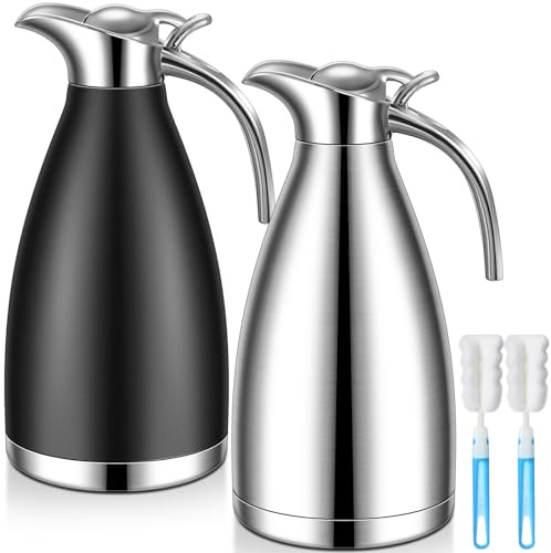 Uiifan 2 Pcs 68 oz Thermal Coffee Carafe Insulated Stainless Steel Coffee Carafe for Hot Liquids Vacuum Thermal Pot Creamer Dispenser with Brushes Keeping Hot Tea Milk Water(Black, Silver)
