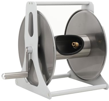 TABODD Stainless Steel Wall Mounted Hose Reel, Garden Hose Holder with Storage Shelf Portable Wall/Floor Mounted Metal Water Hose Reel for 40m(16mm) Water Garden Hoses, Middle Size