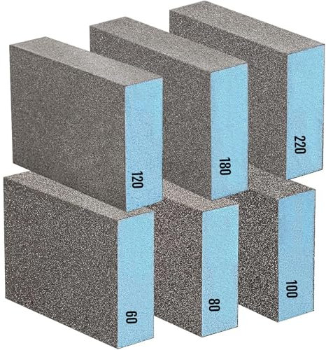 HRLORK 6 Pcs Sanding Blocks, Wet and Dry Dual-use Sanding sponges, 60/80/100/120/180/220 Grits, Washable and Reusable for Wood Metal Furniture Polishing