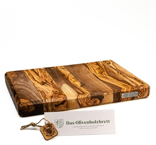 DAS OLIVENHOLZBRETT® Tabla de cortar de madera de olivo, rectangular, 35 x 25 x 4,5 cm, marrón, laminada con pegamento, madera de olivo maciza, robusta y antibacteriana