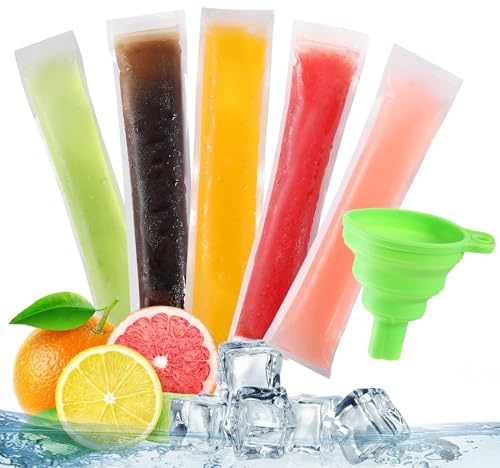 50 Pcs Ice Popsicle Moulds Bags Healthy Homemade Snack Ice Lolly Bags BPA Free Ice Pop Pouch with A Funnel for Yogurt, Ice Candy, Ice Cream Party Favors(50PCS)