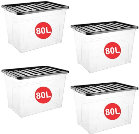 RelianceUK 4 X 80L Large Plastic Storage Box with Black Lid - Strong Stackable Storage Boxes 80 Litres - Home, Office, Kitchen, Nestable Storage Containers | Made in UK (80 Litre / 4 Pack)