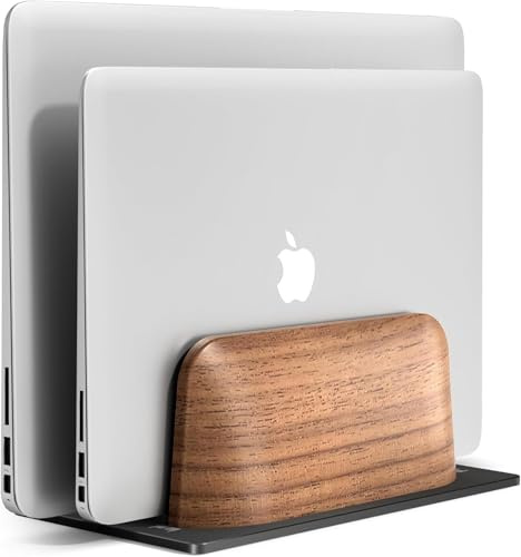 SHUOSUO Vertikaler Laptop Ständer, Dual Slot Walnussholz Laptop Stand für Schreibtisch, Breite verstellbar Halterung für MacBook und andere Notebooks