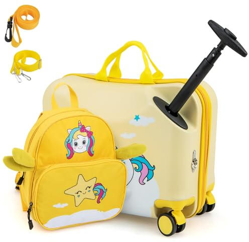 SOARS Valigia per Bambini Cavalcabile 18+12, 2 Pezzi (Giallo Unicorno-C)