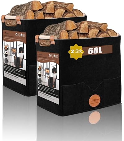 2 Holzkörbe für Kaminholz, großer Holzkorb aus Filz, auch als Aufbewahrungstasche oder Einkaufskorb verwendbar, Holzkörbe mit Seitentaschen und verstärkten Griffen (Schwarz)