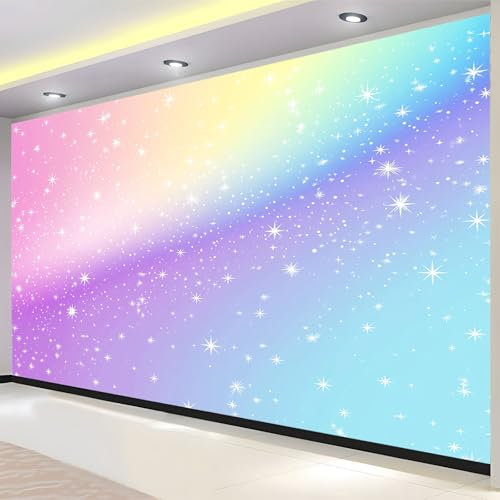 Regenbogen-Farbverlauf Fototapete 3D Effekt Lila Sterne Sternenhimmel Tapeten Vliestapete Wandtapete Moderne Design Wand Wandbild Schlafzimmer Wohnzimmer Flur Wanddeko 350 x 256 cm