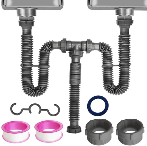 Flexible Expandable Double P-Trap Kit for 1 1/2 or 1 1/4 Double Bowl Sink Drain, Tube Pipes Kit Fit for Kitchen, Bathroom, Complete with Sealing Ring, Tape, and Tubing