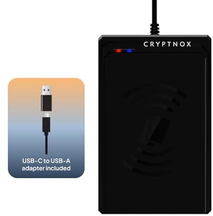 Cryptnox NFC Chipkartenleser USB-C/USB-A, eID Personalausweis, FIDO2 | FIDO2 NFC-Kartenleser, Windows 11/macOS sofort einsatzbereit, Linux über pcsc-lite/libccid, Android mit USB OTG