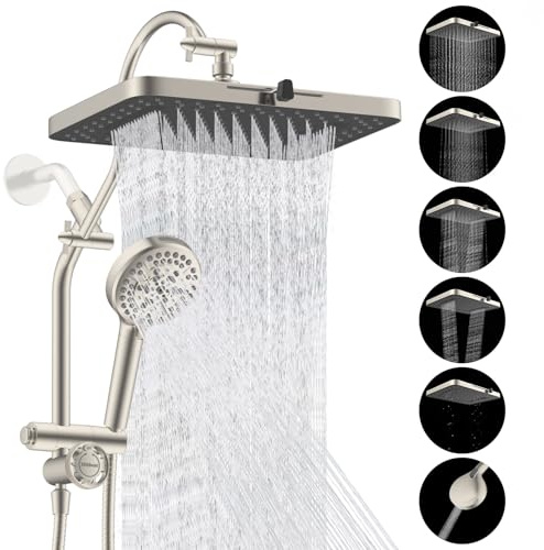 Hibbent cUPC Certified 13'' Shower Head Combo, High Pressure 5 Spray Rainfall Showerhead, 10 Spray Handheld, All Metal Easy Reach 4-way Diverter Arm with Pause Mode, 71'' Hose & Holder, Brushed Nickel