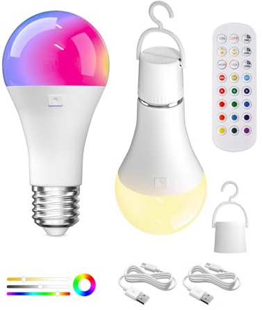 Lamptobe USB C Bombilla Batería Recargable con Mando, 12 RGB+3 Temperaturas de Color Regulable, E27 Bombilla Inteligente RGB, Lamparas Sin Cables Con Temporizador para Emergencia, Acampar, 2 Unidades
