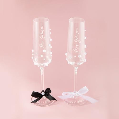 callie Lot de 2 flûtes à champagne personnalisées en cristal gravées de 212,6 g ornées de perles et de ruban, cadeau pour couple de jeunes mariés