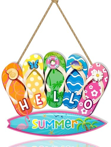 Hello Summer Hängende Türschild Dekor Sommer Tür Wanddekor Schild Türschild Rustikales aus Holz Hausschuhe Surfbrett Sommer Hängende Dekorationen für Indoor Outdoor Garten und Partydeko (A)