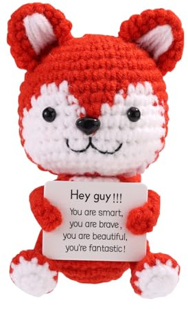 TOYMIS Positiver Häkel Fuchs, 13cm Süße Emotionale Fuchs Unterstützungspuppe mit Inspirierender Karte Häkeltiere Positives Geschenk für Zuhause Büro Auto Armaturenbrett Dekorationen