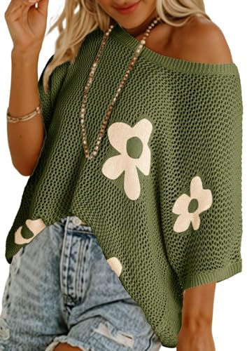 Chicrise Pull en crochet pour femme - Épaules dénudées - Col rond - Pull en tricot surdimensionné - Crochet Cover Up Mesh - Haut Lechit décontracté, Fleurs vertes., XXL