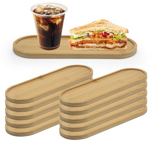 Nagoyuki 10 Pcs Wooden Serving Tray, Oval Serving Platter Bulk, Wooden Plates or Food Holder/BBQ, Cheese, Sushi,Coffee Wine Food Tea Fruit Meals Dessert (25 x 9cm)
