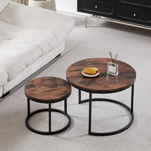 GrandCA HOME Couchtisch 2er Set,Stapelbarer Couchtisch, Couchtische Rund, MDF-Tischplatte, Schwarze Tischbeine aus Edelstahl，Geeignet für Wohnzimmer, Esszimmer（Ø60 x 45H cm，Ø40x35H cm，Dunkle Eiche）