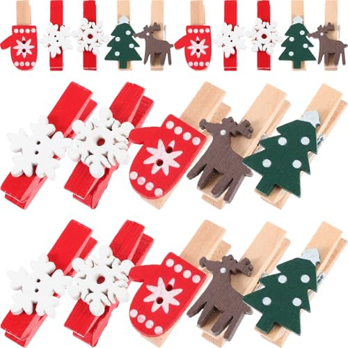 GLEAVI 125 Stück Weihnachten Klammern: Weihnachtsdeko Holzklammern - Weihnachtsbaum Schneeflocken Handschuhe Elch-wäscheklammern für Postkarten Geschenkanhänger Adventskalender Fotowänden