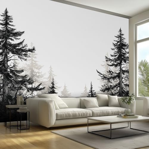 Black and White Wallpaper, Foggy Forest Woodland Wallpaper for Living Room, Bedroom, Non-Woven Decor Wall Paper, Photo Mural Dining Room, Hallway, Lounge, 200 X 140 cm XJ59