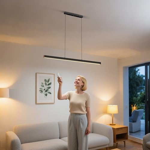 UISEBRT Moderne Pendelleuchte Schwarz 150cm, LED Hängeleuchte Hängend für Wohnzimmer, Deckenlampe Hängend 60W, Höhenverstellbar bis 115cm, Esszimmerlampe, Linear Design - Dimmbar