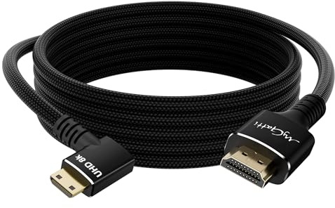 Mygatti 8K/4K Mini HDMI (90° till höger) till HDMI-kabel 3 m, dubbelriktad, flätad nylon 48 Gbits, 8K@60Hz, 4K@120Hz, kompatibel med kamera, videokamera, bärbar skärm, surfplatta, grafikkort