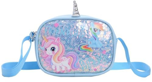 KASESSS Kinder Handtasche Mädchen Süße Umhängetasche Mädchen Pailletten Kindertasche Cartoon Einhorn Tasche Mädchen Kinderhandtasche Crossbody Bag mit Verstellbare Schultergurt,18x4x14cm, Blau