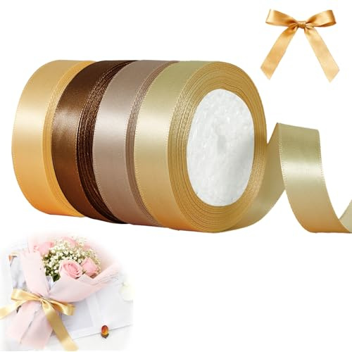 Aihoom 4 Rollos Cinta de Raso, 22m×2cm, Colores Café, Marrón Claro, Dorado y Oro Claro, Ideal para Envolver Regalos, Manualidades, Decoraciones de Cumpleaños y Bodas, Cinta de Satén