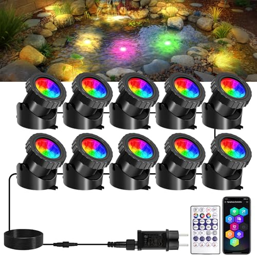 T-SUNUS Luces Subacuáticas RGB Estanque, Luz Estanques Subacuática Paisajes IP68, Control Remoto Vía APP Bluetooth, LED Sumergibles Cambian Color para Piscinas Patios Jardines Árbol, 10 in 1