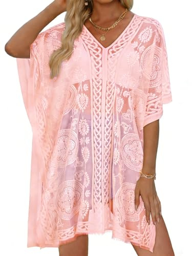 florynova Womens Beach Cover Up Lace Kimono Swimsuits Coverups(Light Pink)