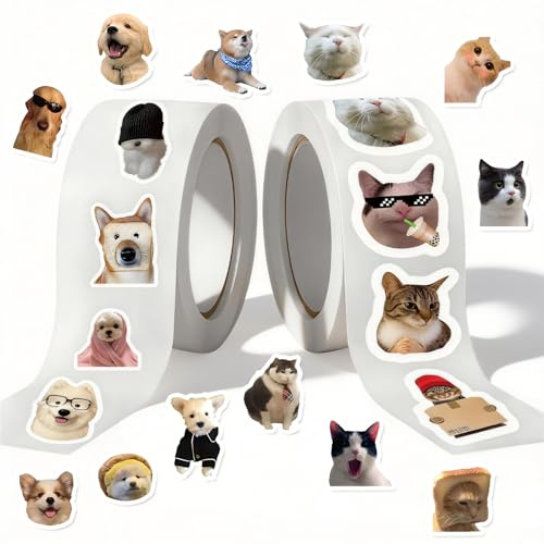 1000Pcs Dog Cat Meme Stickers Roll, Waterproof Cute Funny Vinyl Animal Stickers Decoration for Laptops Scrapbook Journals Water Bottles DIY Crafts (20 Styles)