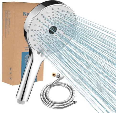 Nafall Pommeau de Douche Haute Pression (13cm) avec 1.5m Tuyau | Shower head with 1.5M hose, 3+1 modes, en silicone liquide, raccord G1/2, compatible avec les chauffe-eau instantanés